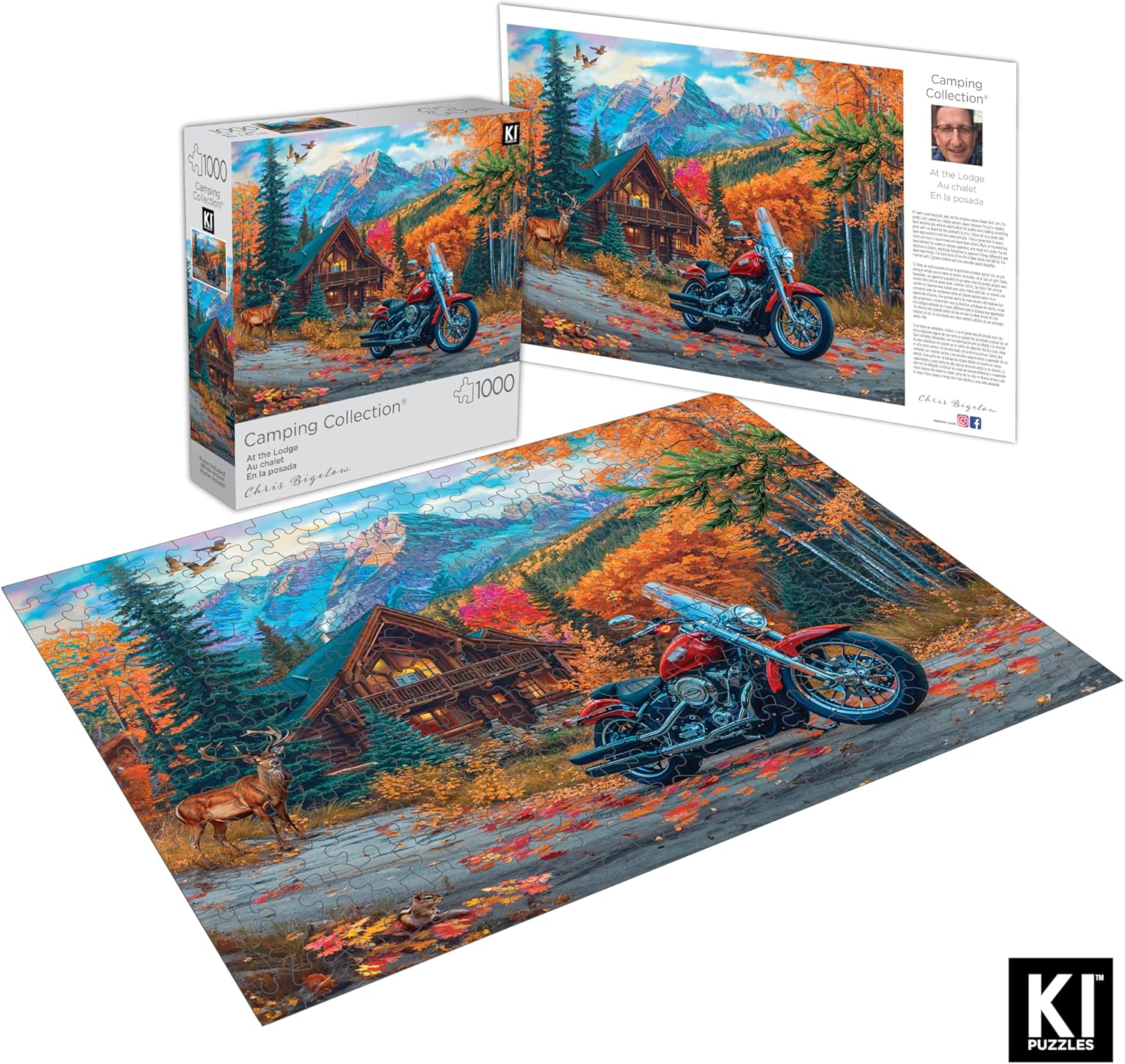 1000 Piece Puzzle for Adults Chris Bigelow At The Lodge Colorful Camping Motorcycle Jigsaw 27x20