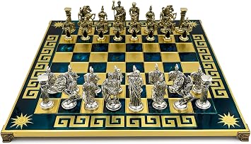 Helcee Handmade Romans Metal Chess Set in Wooden Box - Blue Board