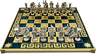 Helcee Handmade Romans Metal Chess Set in Wooden Box - Blue Board