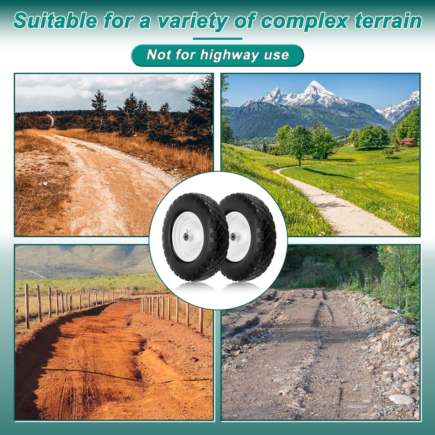 4.80/4.00-8 Flat Free Tire and Wheel- 16" Flat-Free Solid Wheelbarrow Tires with 5/8" & 3/4" Bearings, 3"-7" Centered Hub by Cenipar Universal Fit for Wheelbarrow,Hand Truck,Garden Trailer,Trolley - Image 5