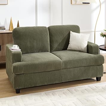 Loveseat Sofa, 60" Corduroy Couch with Side Pocket, Removable Pillow and Cushion Cover 2 seat Couches, Comfy Modern Small Couch for Living Room, Small Spaces, Dorms, Office, Green