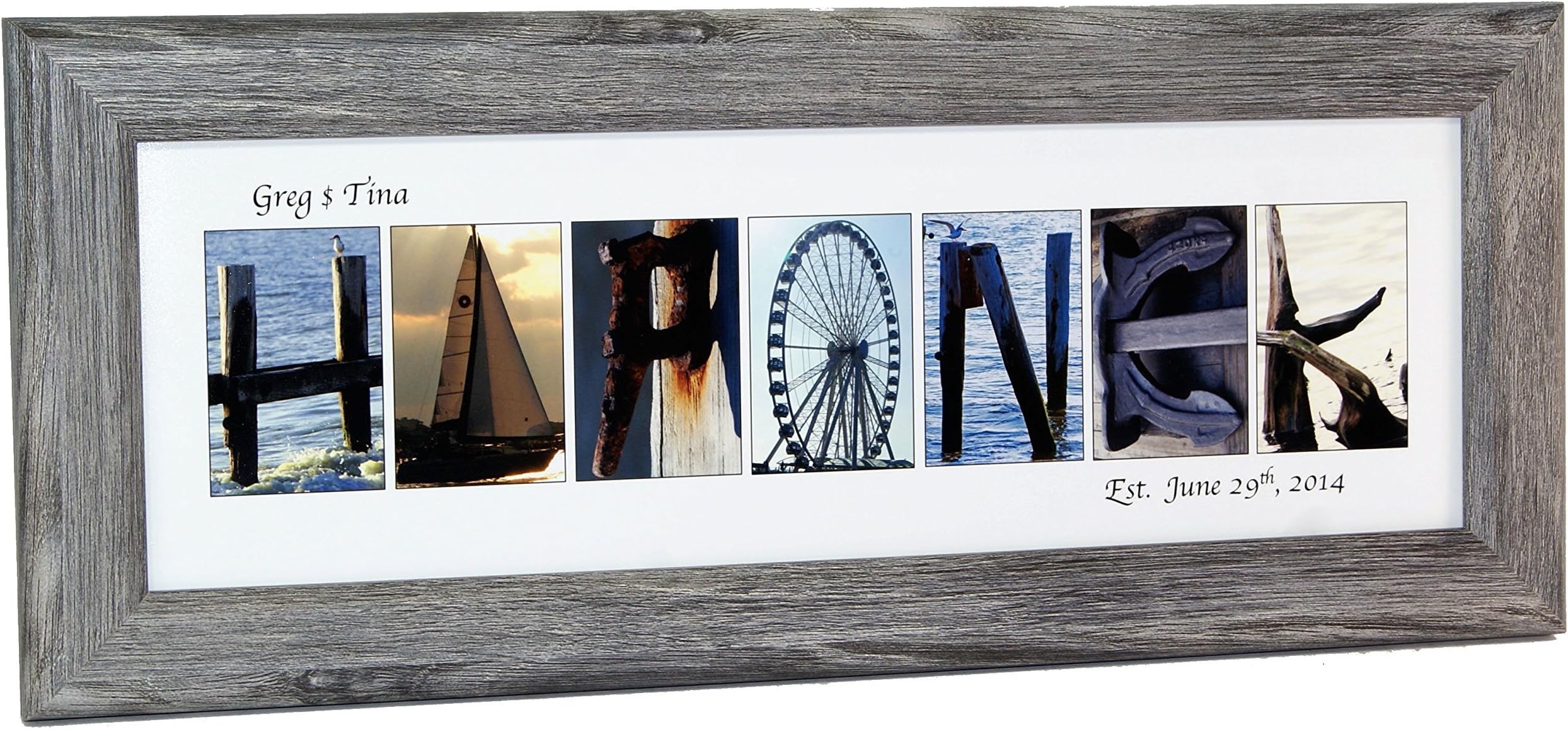 Creative Letter Art - Personalized Framed Name Sign with Beach and Nautical Related Alphabet Photographs including Driftwood Self Standing Frame