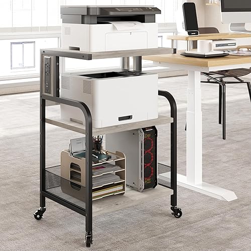 IDEALHOUSE Soporte de impresora grande con tomas de corriente y puertos de carga USB, mesa de impresora móvil con estante ajustable, soporte de