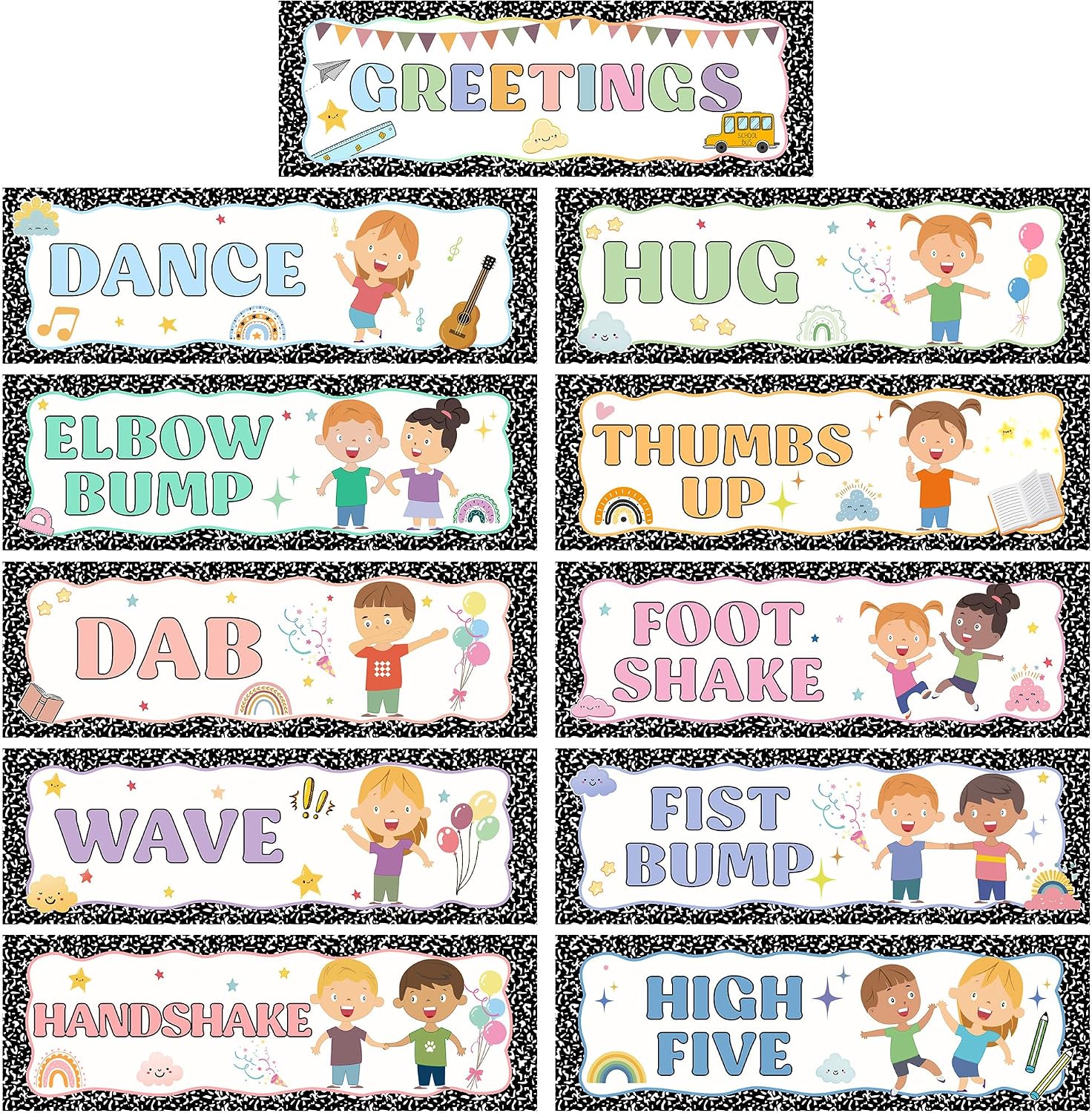 11 Pcs Waterproof 9 x 3" Composition Classroom Greetings Choice Posters