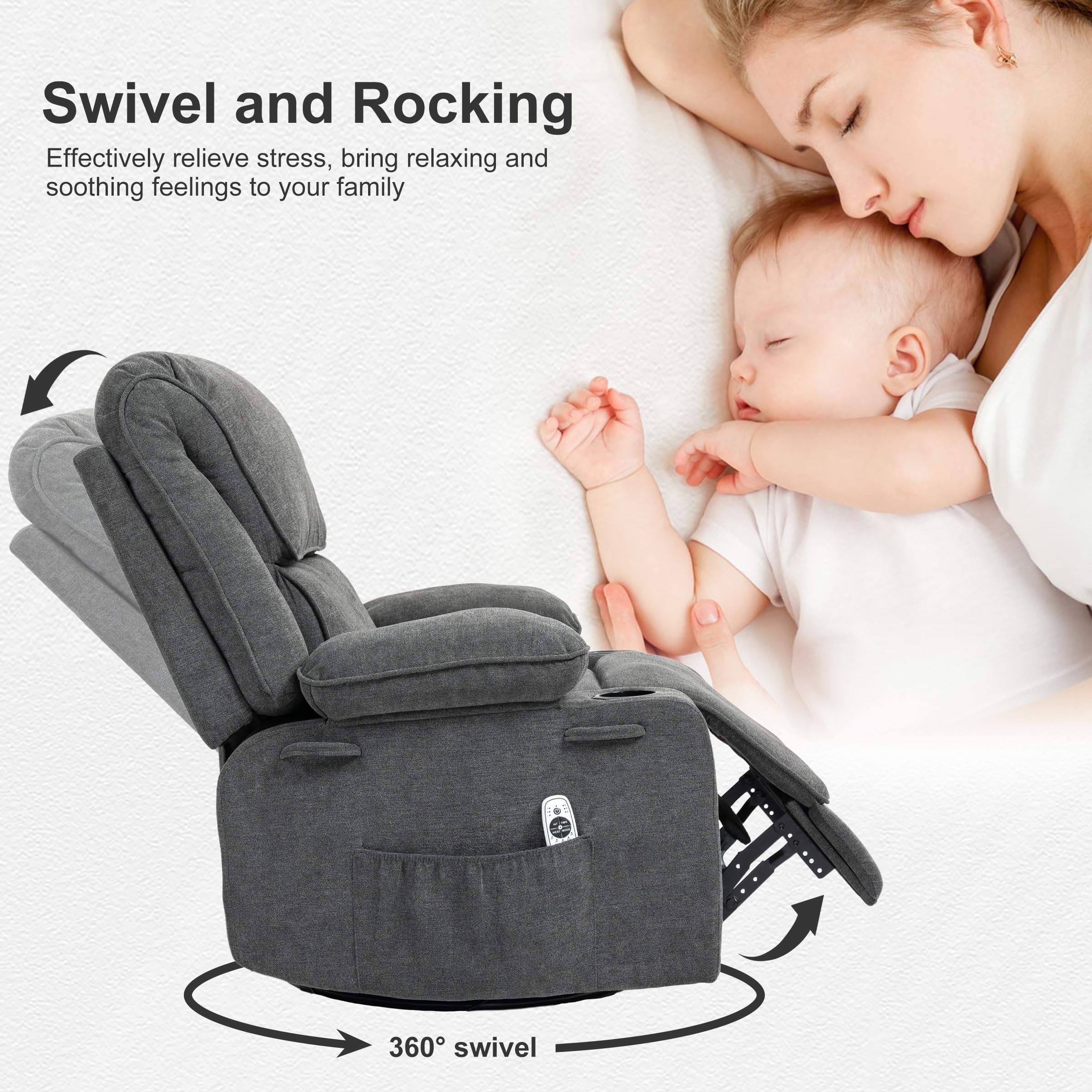 Fauteuil de Relaxation Chaise massant avec Dossier Inclinable Manuellement 150° Incluse Massage en 8 Points et Fonction Chauffante,Pivotement à 360