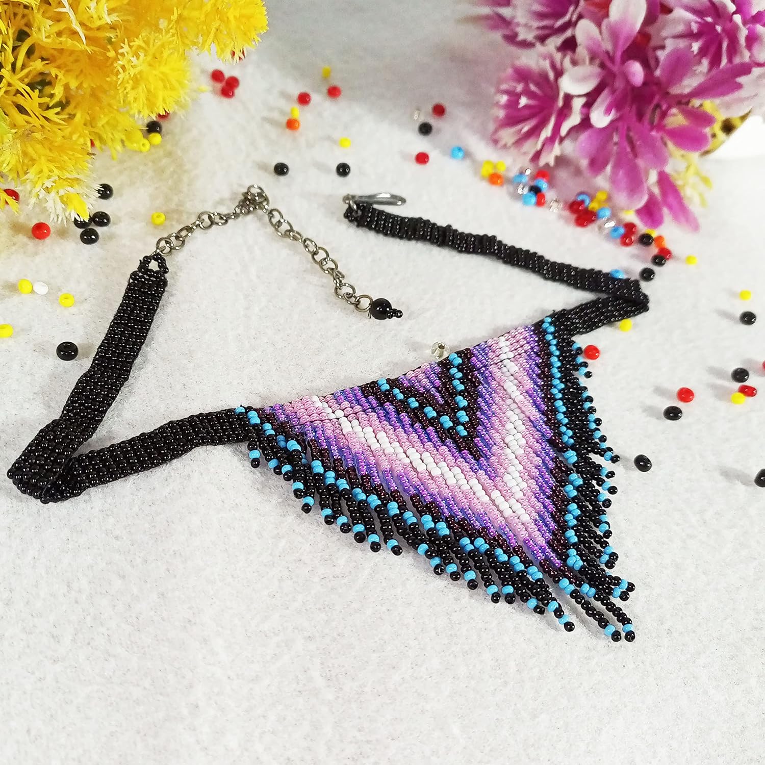 Weavish Choker Beaded Necklace – Boho Native Handmade Seed Bead Tassel Necklace, Bohemian Large Statement Beaded Necklace for Women