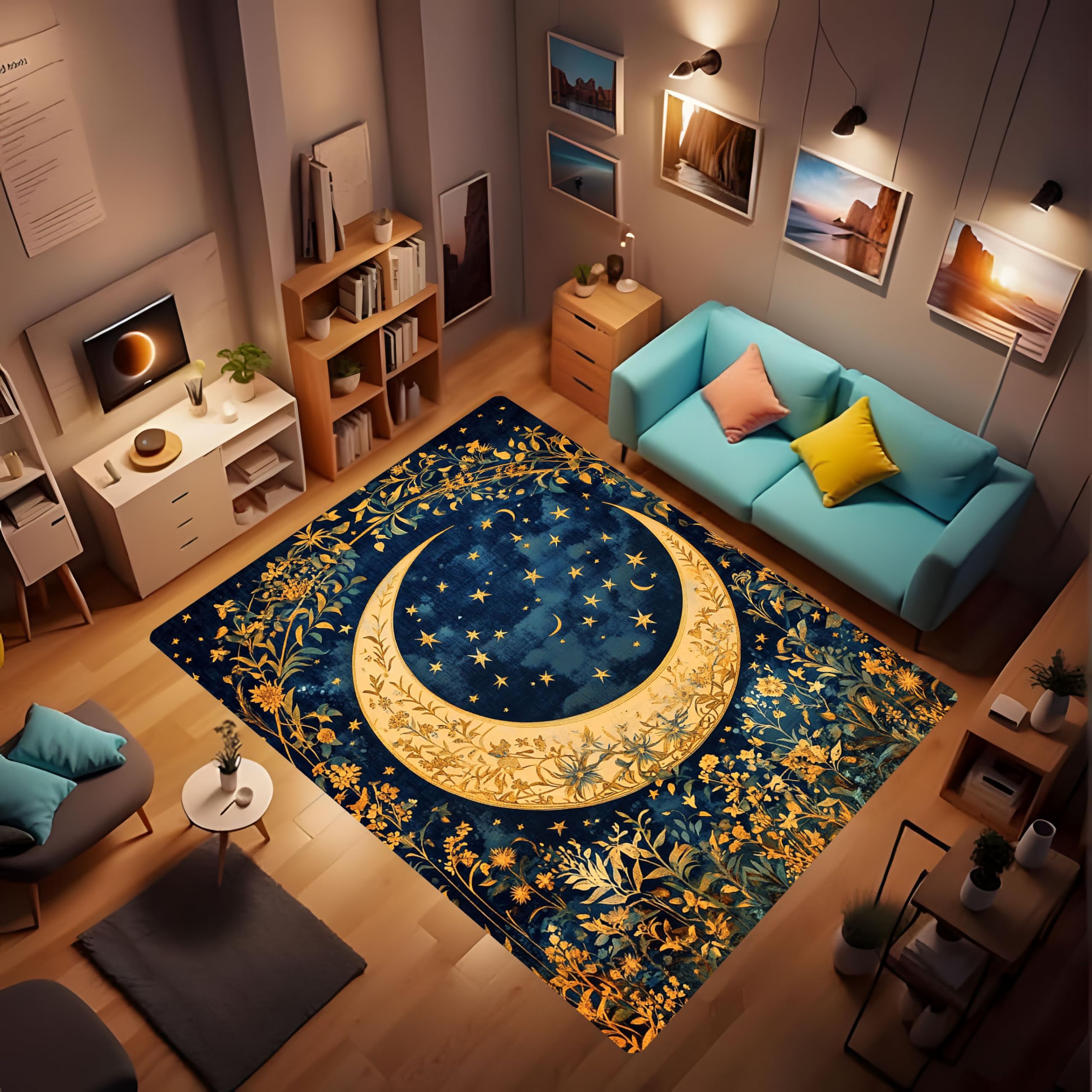 Moon Vintage Rug - Exquisite Decorative Border Elegant Blue Gold Starry Moon Rug, Celestial Plant Flower Rug, Perfect Mat Gift for Girls Women's Birthday Festival, Bedroom Living Room 63x94inch