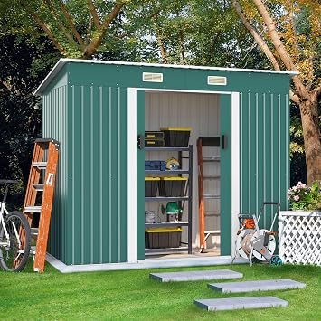 Garden Shed Outdoor Sheds Green, 8 x 4 ft Metal Garden Storage Shed Outdoor Storage Sheds with Base and Double Sliding Doors for Backyard Lawn Manor