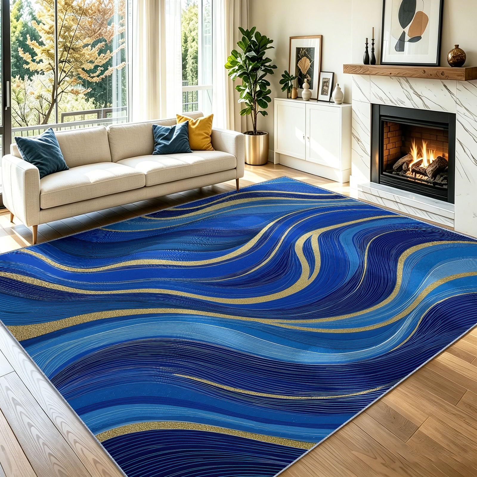 Tapis de cuisine lavable bleu abstrait style vagues de marbre