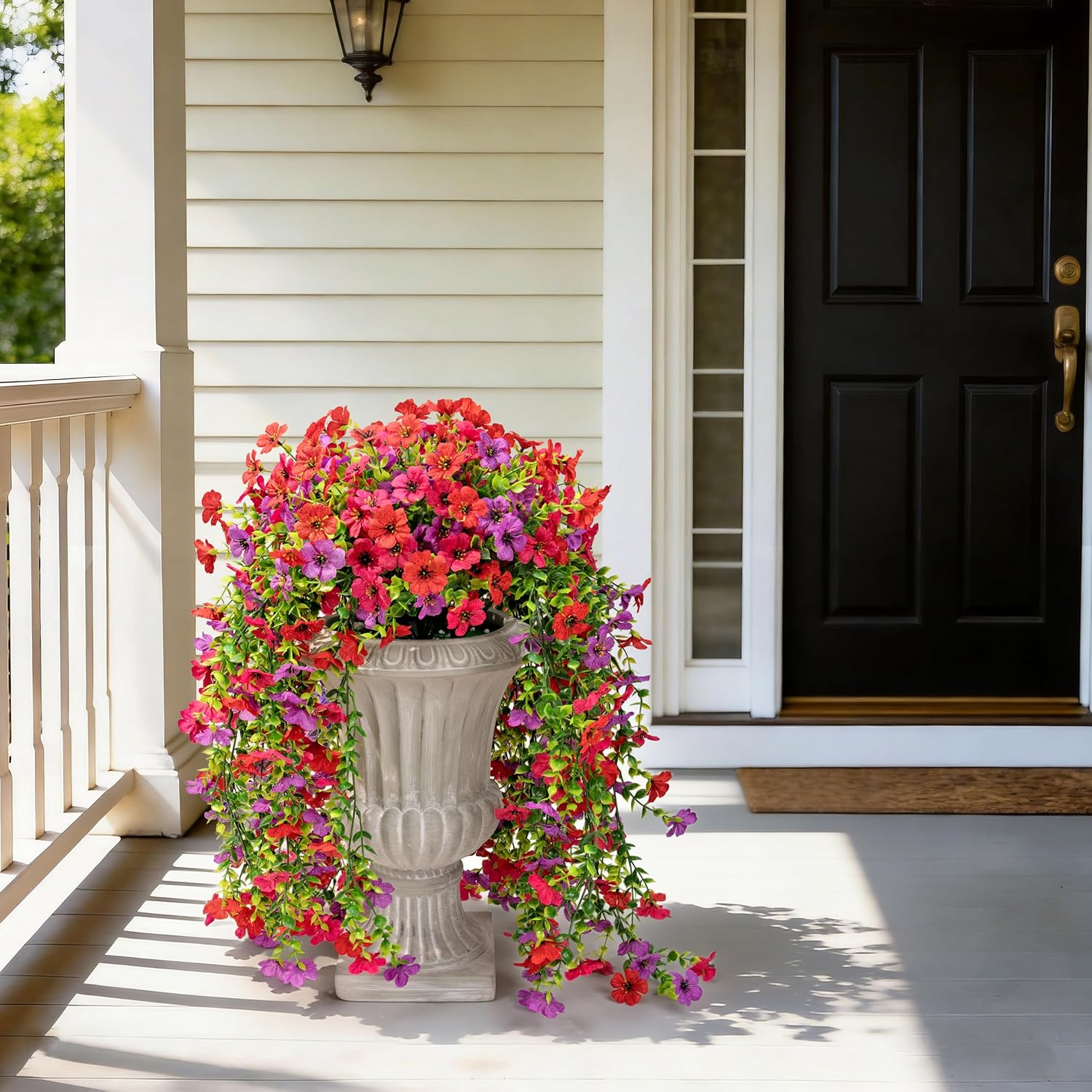 Artificial Hanging Flowers for Outdoors Faux Plants, 4PCS Artificial Outdoor Flowers for Spring Decor, UV Resistan Realistic Daisy Fake Hanging Plants for Indoor Planter Garden Porch(Tri-Color Red Mix