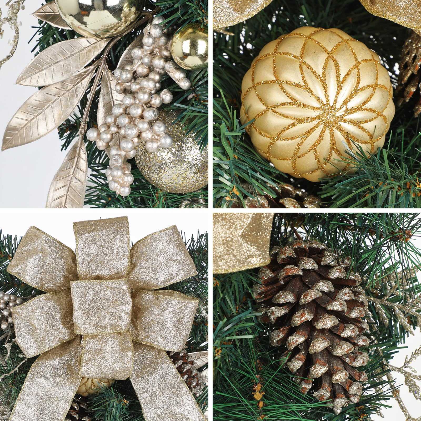 Hollyone Guirlande de Noël en Forme de Gouttes 70 cm Décoration de Noël Teardrop Swag Champagne avec Boules de Noël Baies Pommes de pin Nœud Ornements Suspendus pour Porte d'entrée