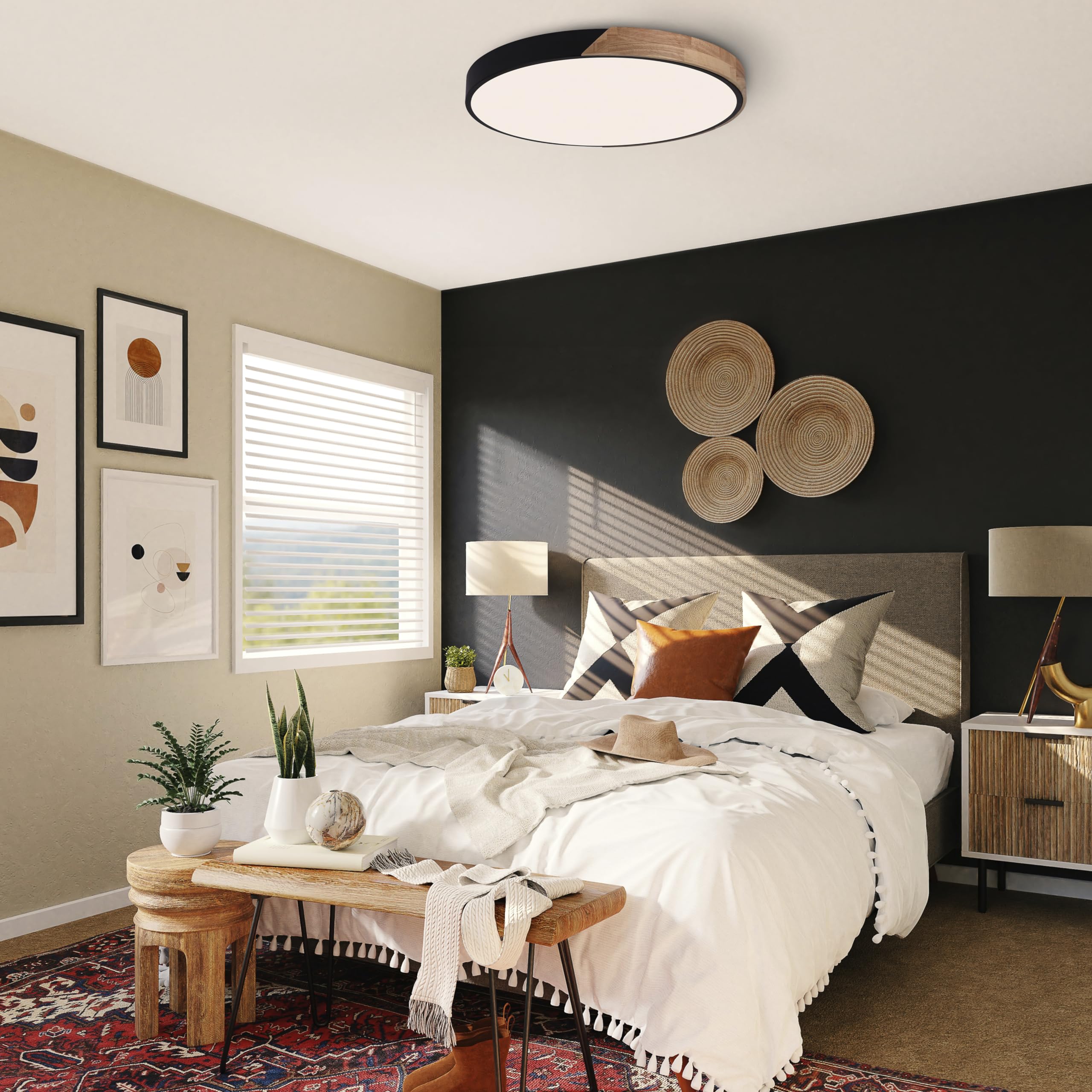 wonderlamp - Plafón de techo Smart de Madera 70 W LED Mol, 3000-4000-6000K, Intensidad Regulable, Luz nocturna, Mando incluido, Negro