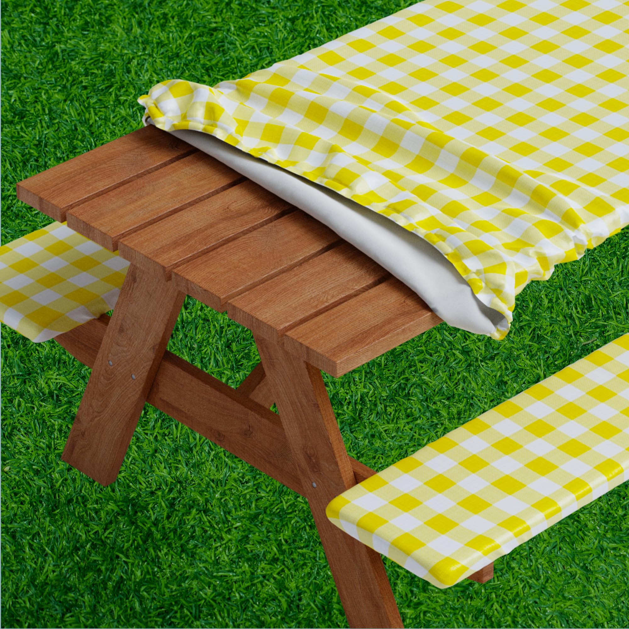 sorfey picnic table cover with bench covers -fitted with elastic, vinyl with flannel back, fits for table 30"x 72" rectangle,water proof, checked yellow design