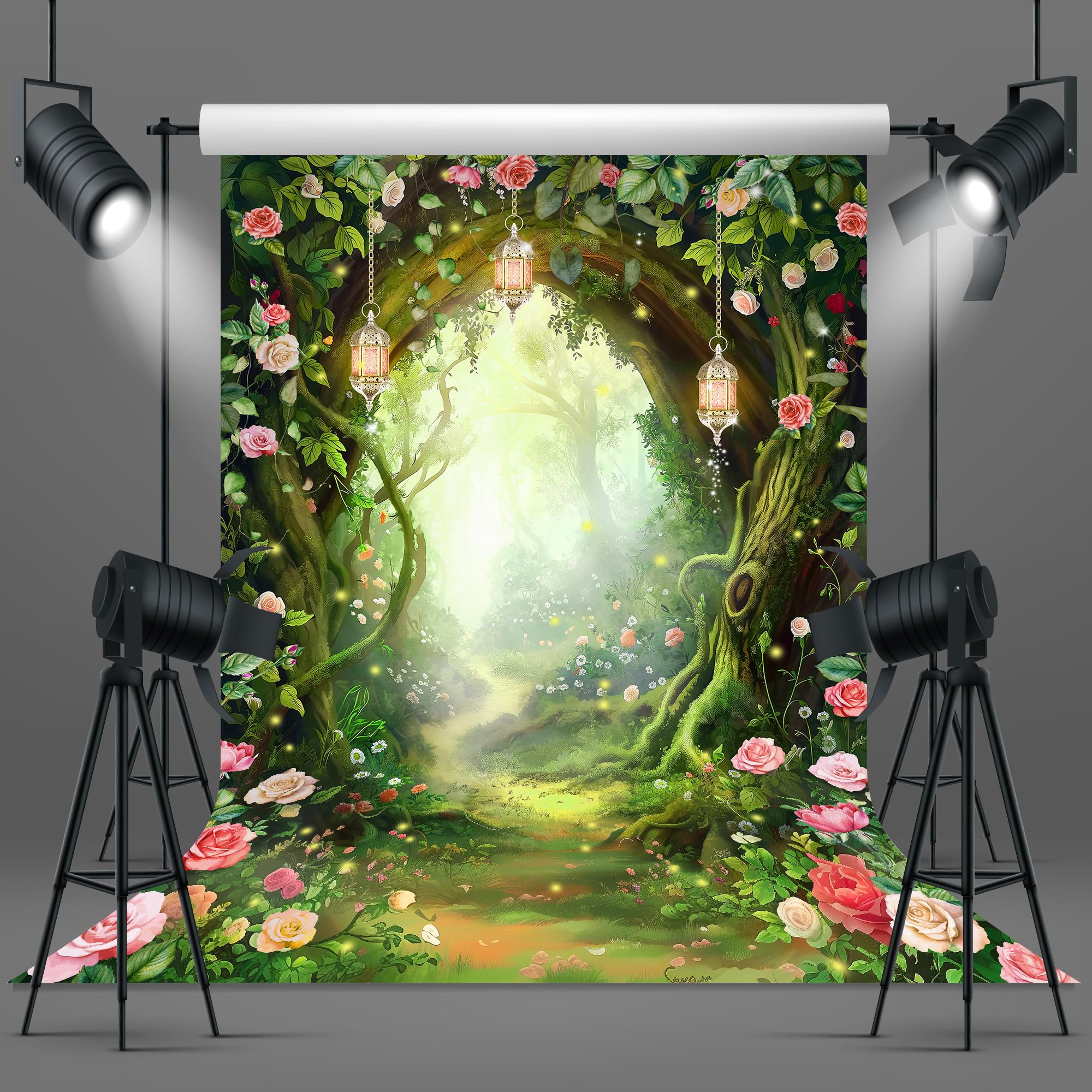 Riyidecor Fairy Backdrop Polyester Fabric Green Enchanted Garden Wonderland Butterfly Flower Magic Stained Glass 5Wx7H Feet Photography Background Birthday Baby Shower Photo Studio Shoot: 5Wx7H F-Green Flower