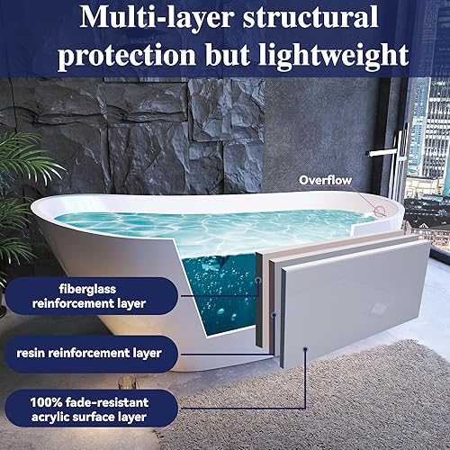 Miniatura 2 de Yinzanw Bañera acrílica de 67 pulgadas, bañera profunda con desbordamiento y drenaje integrados, respaldo alto, certificado cUPC (YI-9970)