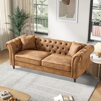 Mid Century Modern Couch 3-Seater Chesterfield Faux Leather Sofa83",Brown