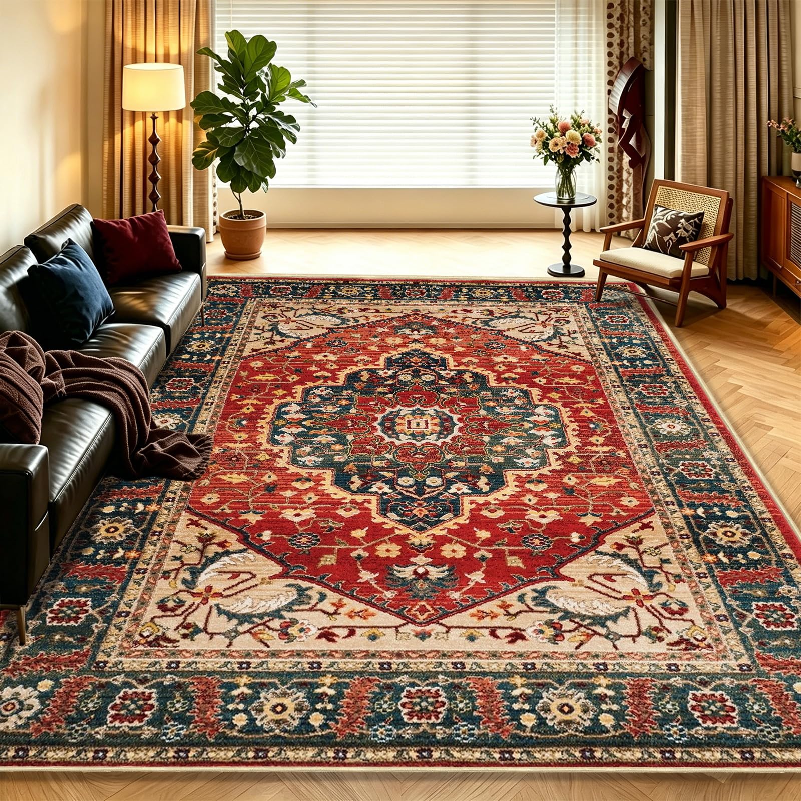 WUTONG Vintage Teppich Wohnzimmer 160x230 cm Rot,Orientalischer Teppich Waschbar rutschfest Kurzflor,Geeignet für Esszimmer und Jugendzimmer,Retro Boho