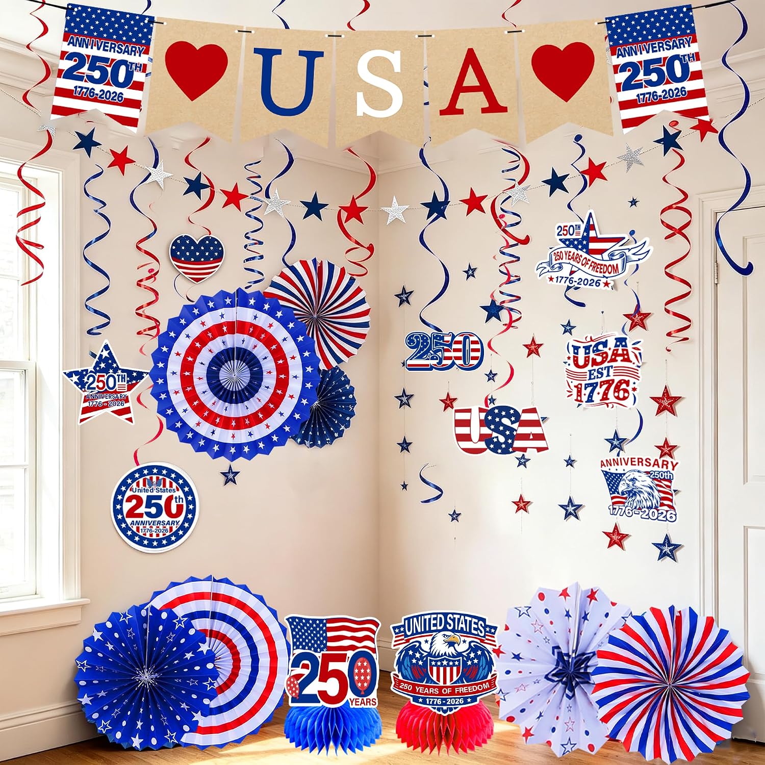 4th of July Decorations, 250th Anniversary Patriotic Memorial Day Decorations, Red White Blue Paper Fans Banner Honeycomb Garland and Hanging Swirls Set for Independence Day Decor