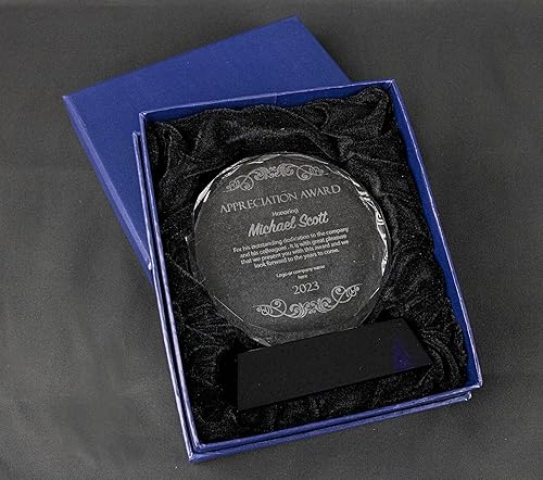 Miniatura 7 de Placa de cristal personalizada de faceta redonda en la base azul, premio de vidrio grabado personalizado para apreciación, reconocimiento,