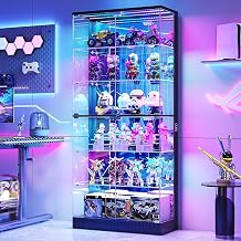 6-Tier Glass Display Cabinet with Door & RGB Lights for Collectibles,Black | 71" Tall Curio Cabinet Bookcase with Display Shelves,Human Sensor and Mirror Backing, Lockable Display case for Living Room