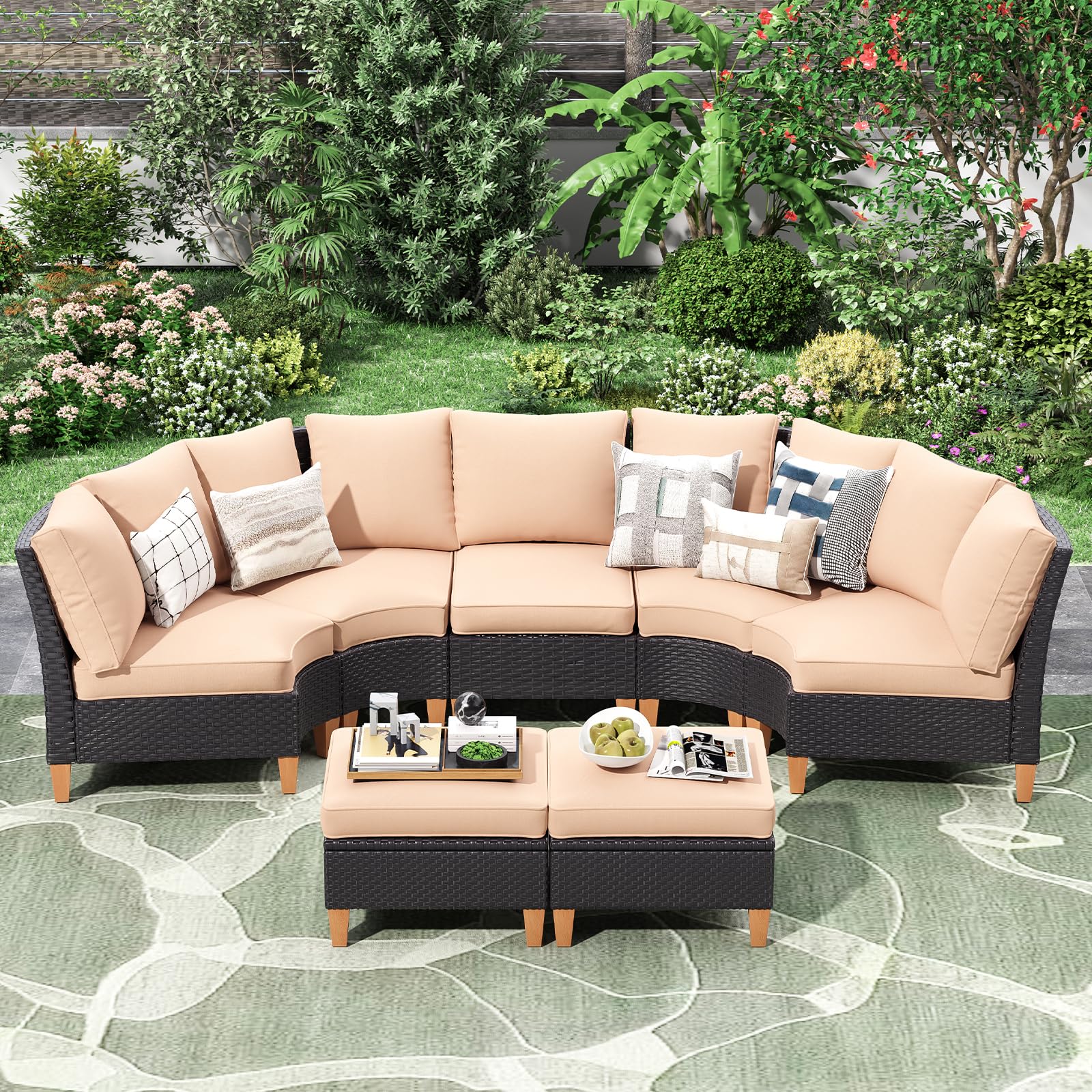 Soohow Half-Moon Patio Conversation Set, 7 Piece Outdoor Sectional Furniture Set with Cushions, Wicker Patio Conversation Set Outdoor Sectional Sofa,