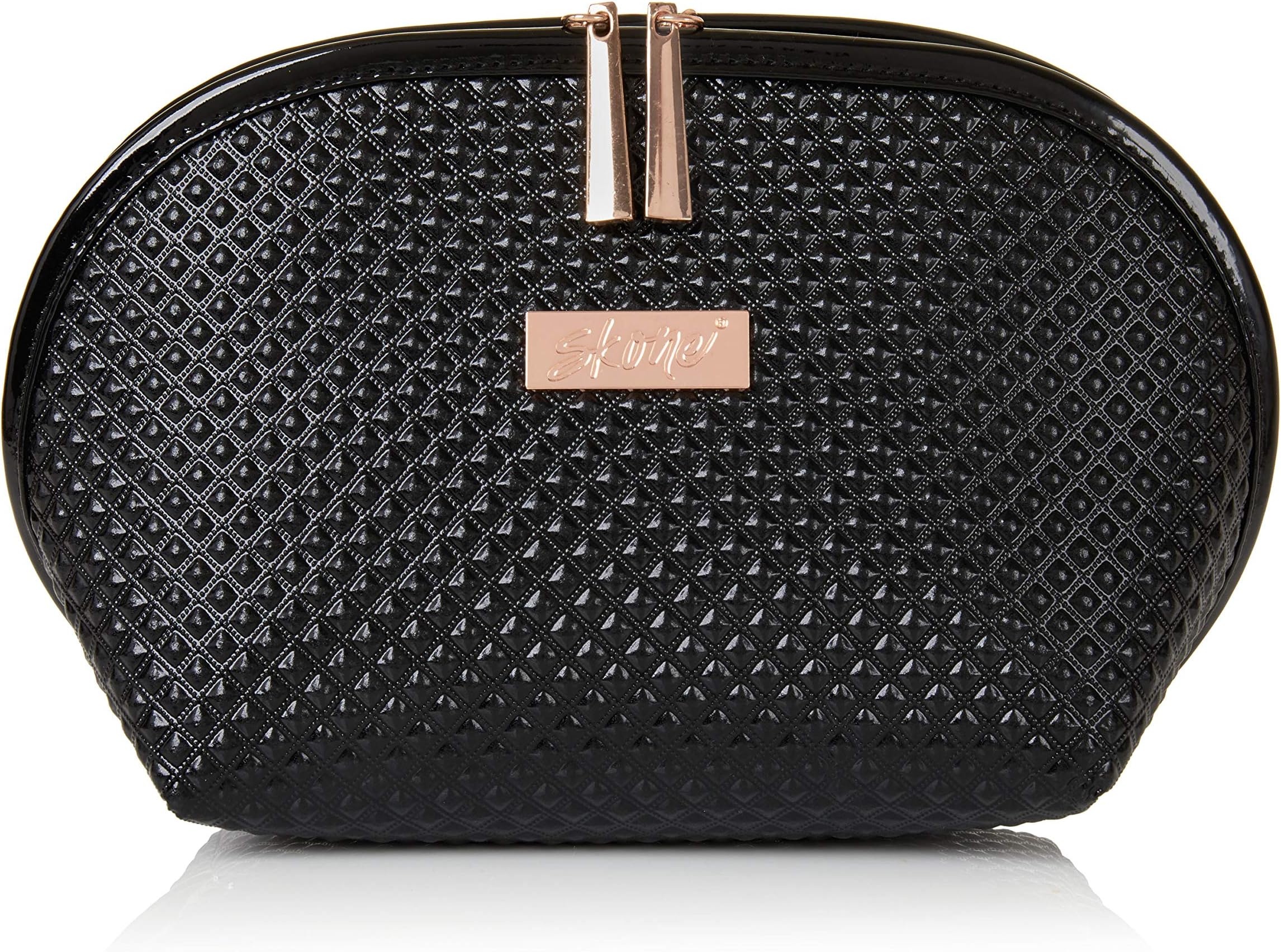 Luxury Designer Black Makeup Bag - Cruelty-Free Synthetic Patent Leather Cosmetic Bag | Leather Makeup Bag Accented with Luxurious Rose Gold Metal Zipper and Logo