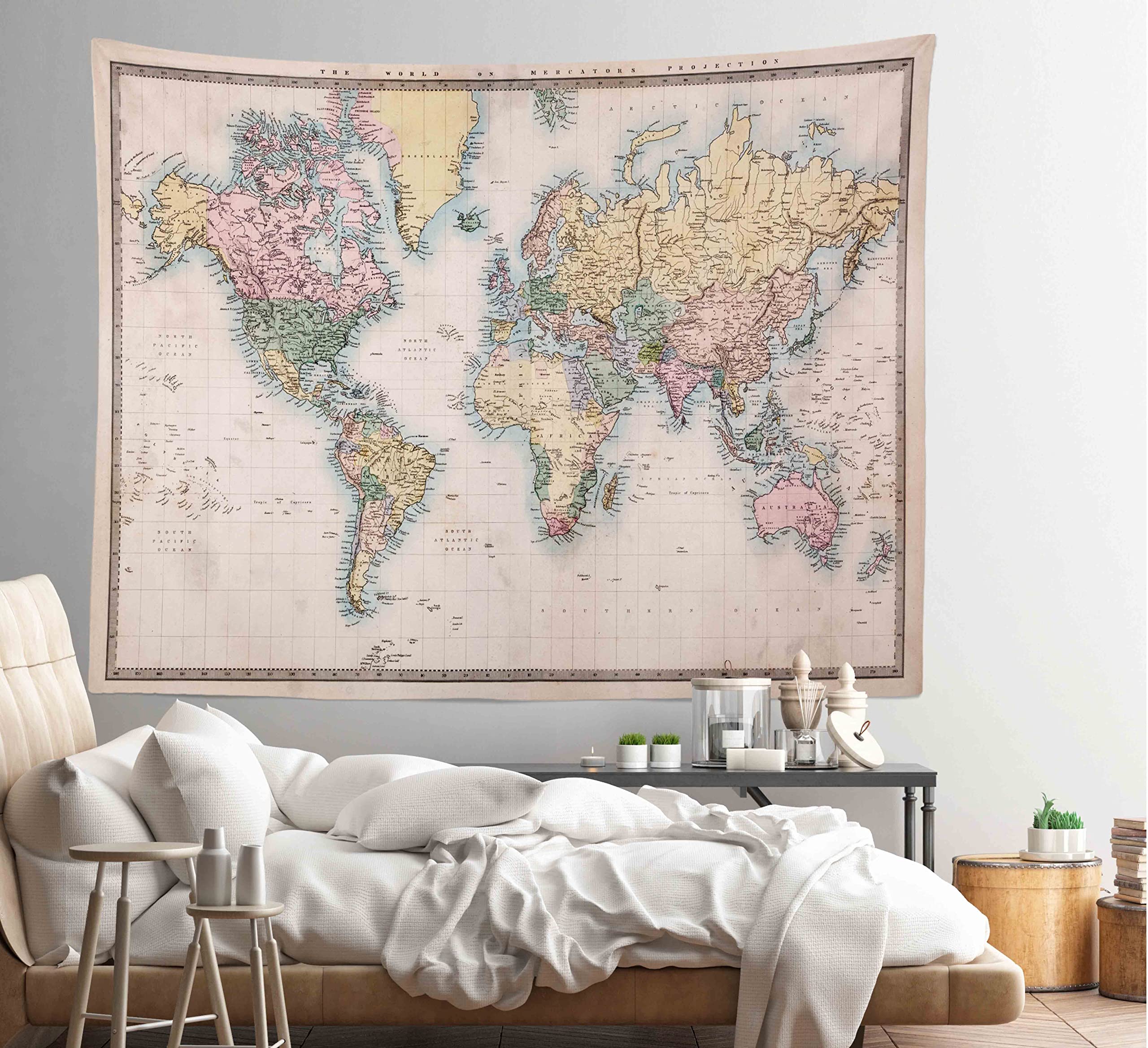 Tapisserie Murale Vintage Carte Du Monde 152x127 Cm - Décoration Chambre, Salon, Bureau, Polyester