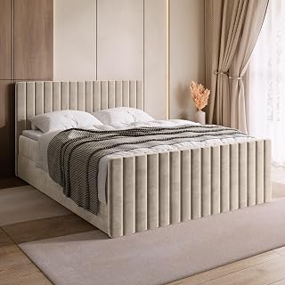 BROMARKT Boxspringbett mit Matratze Bett 160x200 Beige Doppelbett mit Topper Boxbett mit Stauraum Polsterbett mit Bettkasten Kopfteil Dream Duo Härtegrad H3