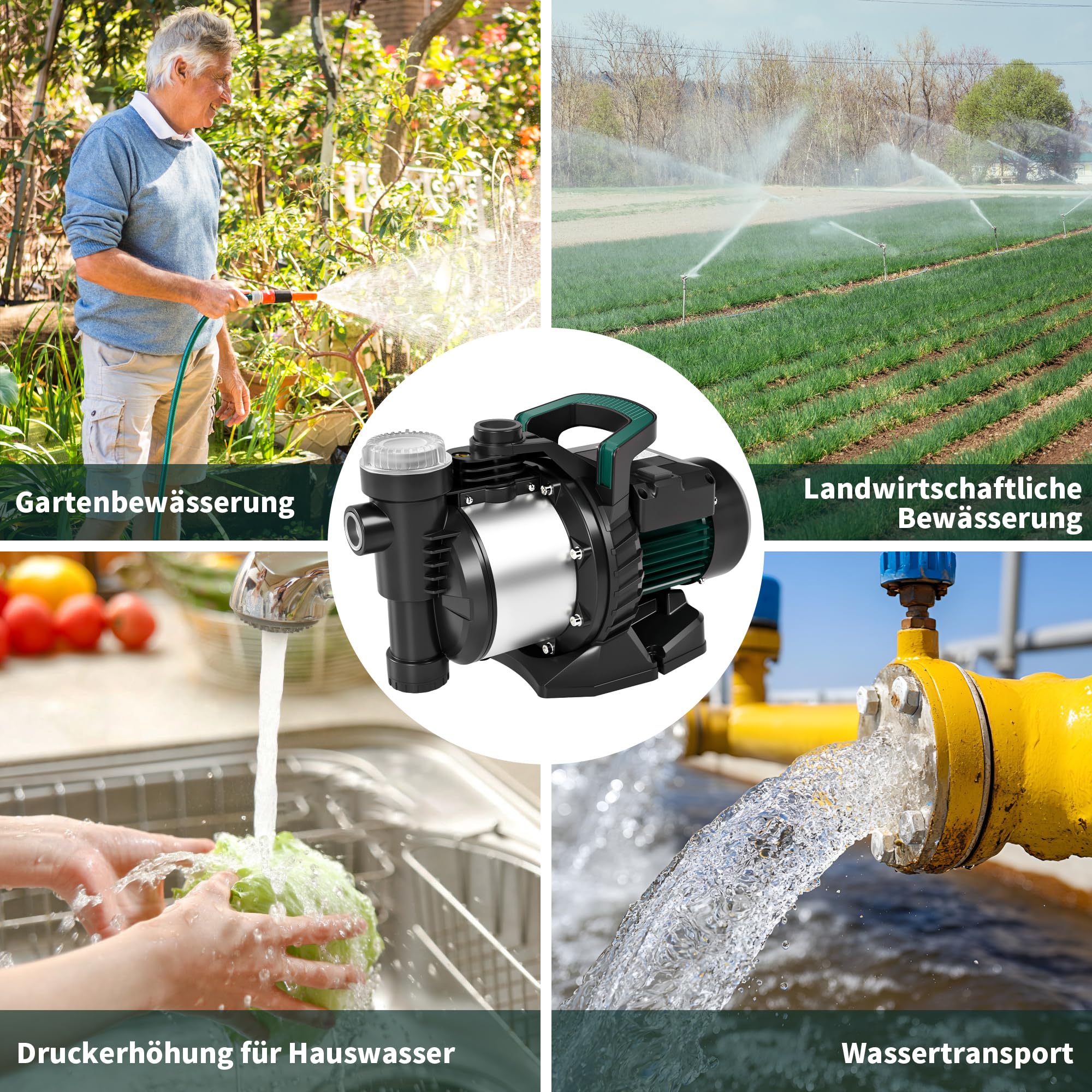 LANCHEZ Gartenpumpe 5000 l/h Fördermenge, Leistung 1300 W, Förderhöhe 50 m, Mit Filter, Wasseranschluss und Ablass, Ansaughöhe bis zu 7 m, Wasserpumpe für Regenfässer, Zisternen, Gartenteiche
