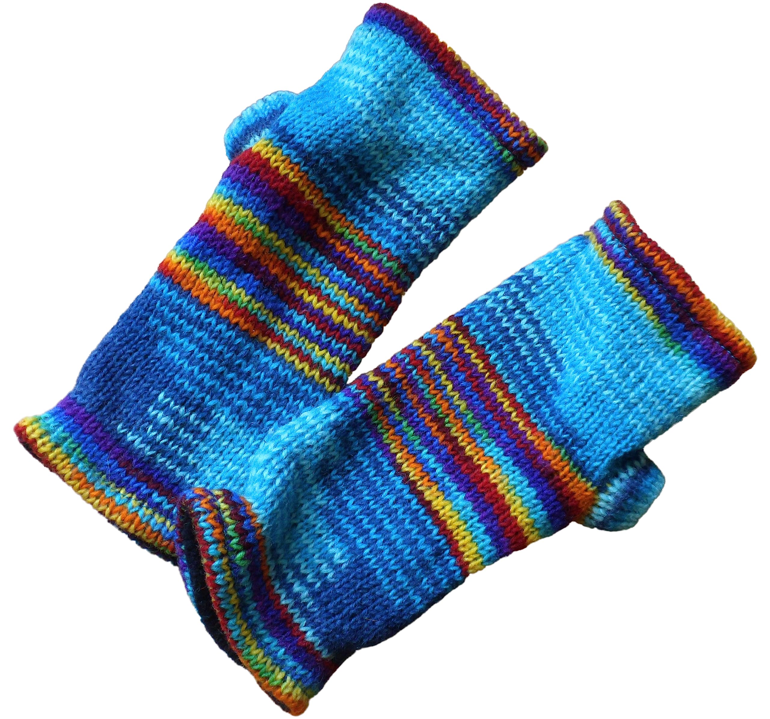 NATURAL FLOW Fair Trade Wool Rainbow Mix Fleece Lined Tube Fingerless Gloves Wrist Warmers (Blue Mix)