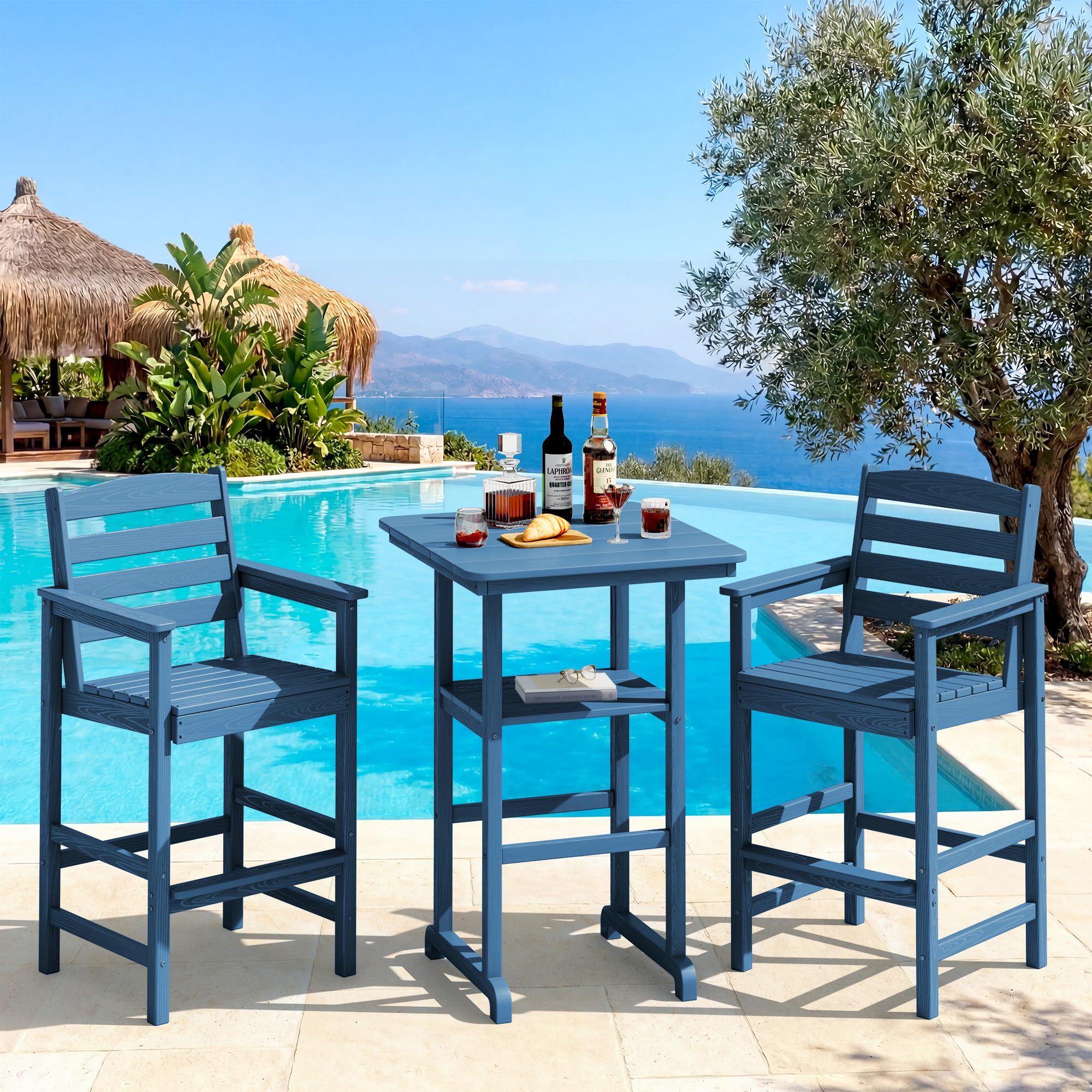 SERWALL 3 Pcs HDPE Bar Height Chairs and Double Layer Pub Table Set, Blue