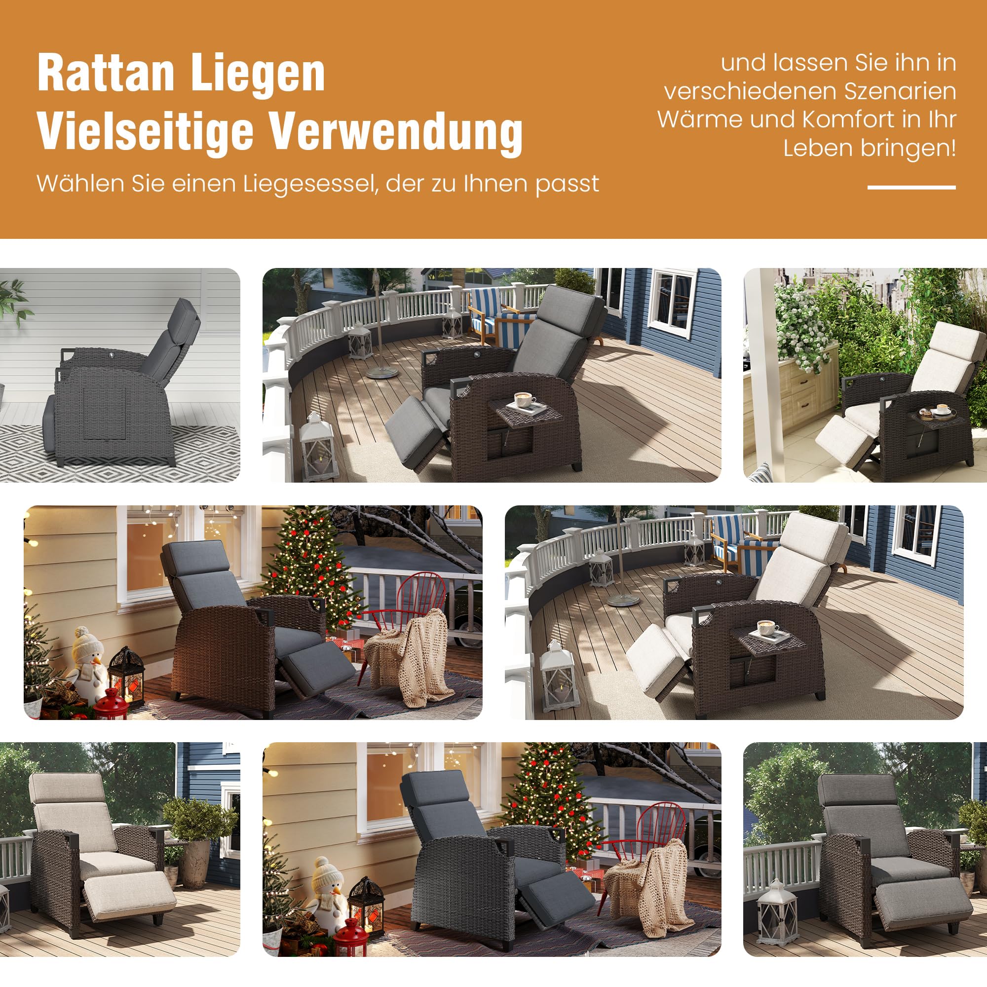 Amopatio Relaxliege Liegesessel, Rattan Sonnenliege mit Verstellbar Rückenlehne und Klapptisch, Outdoor Gartensessel wetterfestes, für Terrasse, Garten, Balkon – Grau