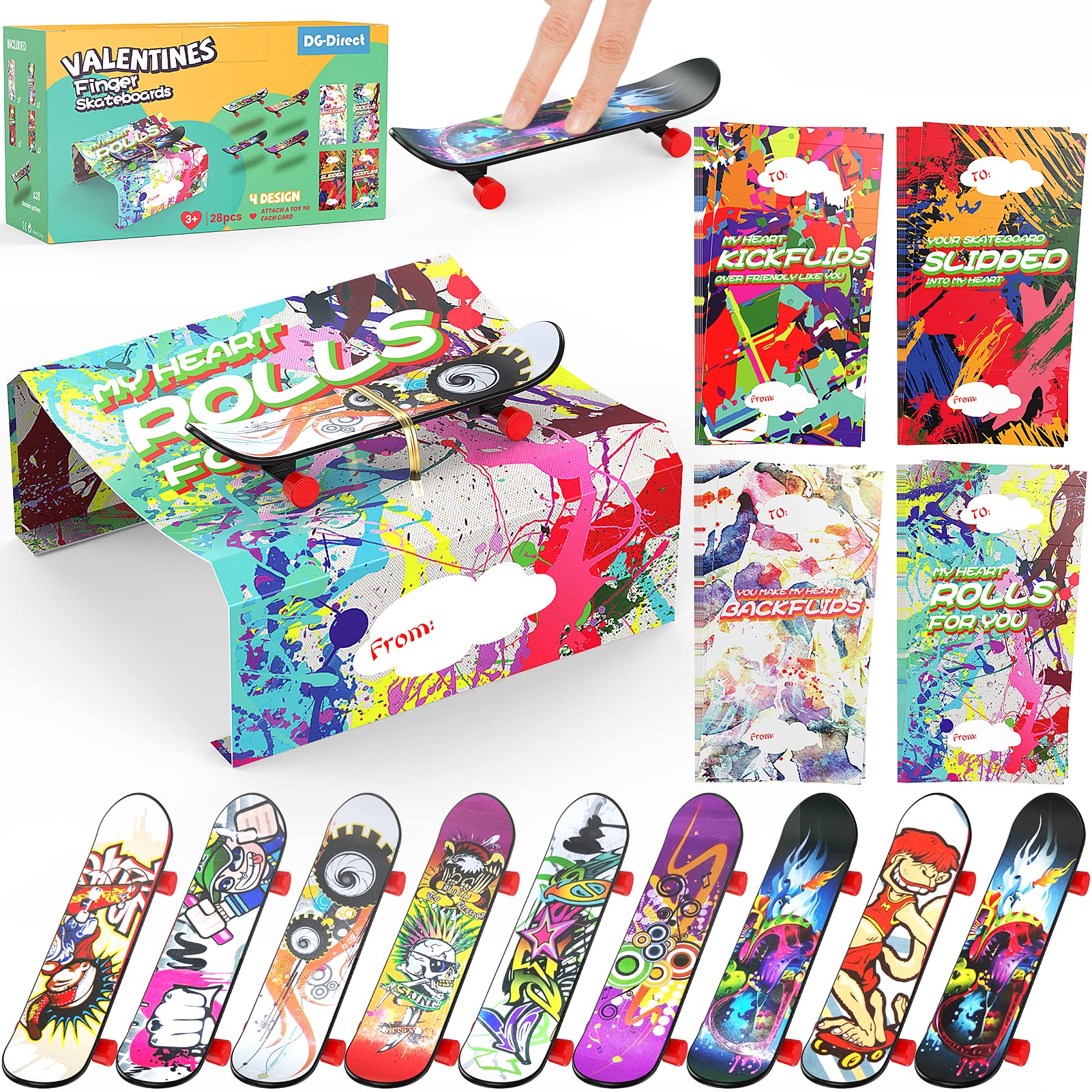 DG-Direct 28 Packs Valentine's Day Cards with Finger Skateboards Toys, Kids Valentine Party Favor, Valentine's Day School Classroom Prizes, Valentine Exchange Gift