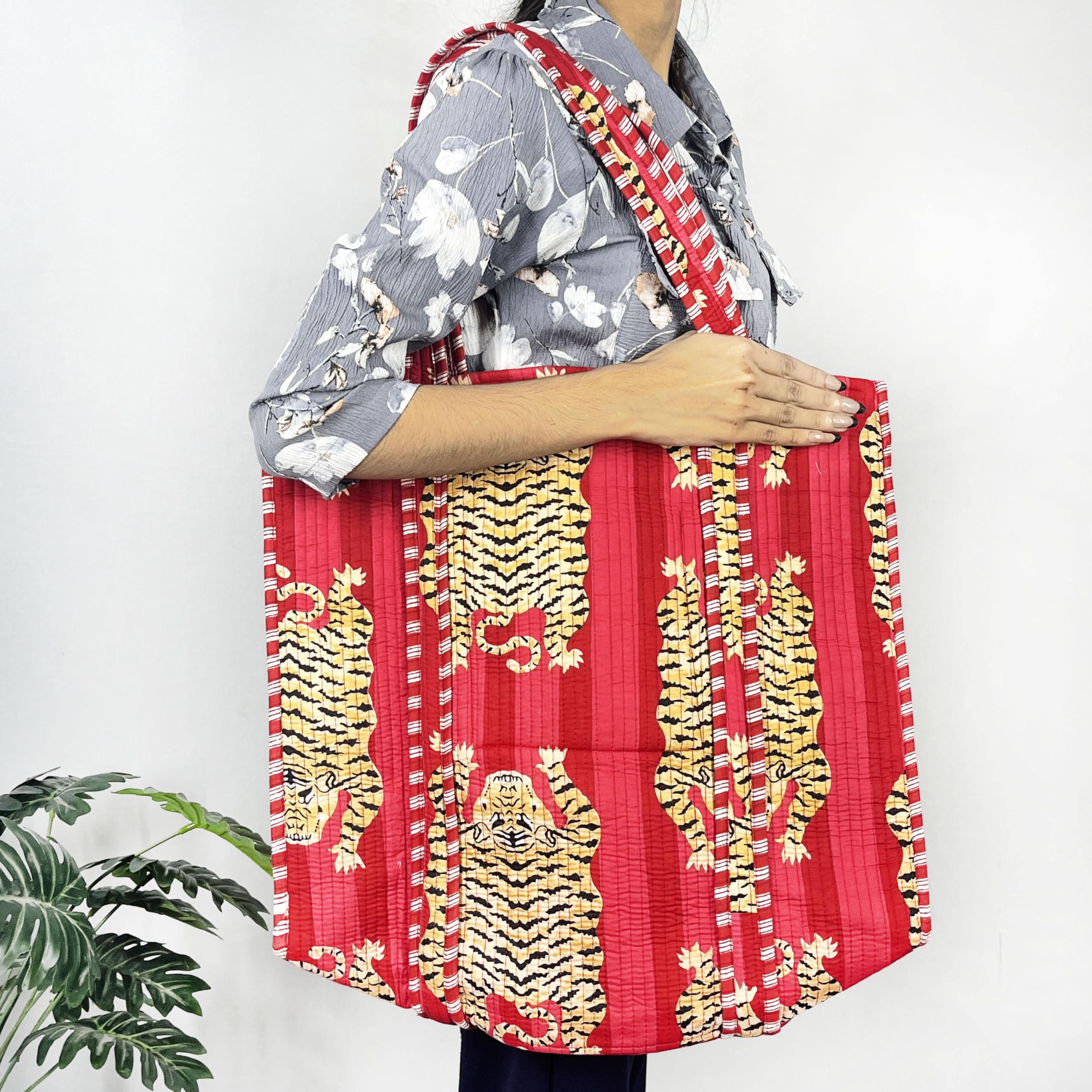 100% Cotton Quilted Red Tiger Printed Tote Bag grocery Shopping Bag For Women - Soft And Stylish Shoulder Bag -(45x46x15 cm) 1
