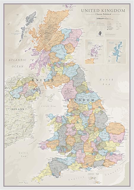 UK Map - Classic Wall Map Of The United Kingdom Poster - Front Lamination A1, 84 x 59cm