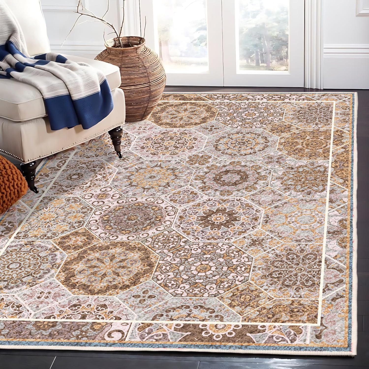 Moroccan Washable Rug, 4'x6' Non-Slip Rugs for Living Room Soft Throw Bedroom Rugs, Vintage Trellis Rug Ultra-Thin Distressed Large Carpet for Dining Room Officer(Brown, 4X6FT)