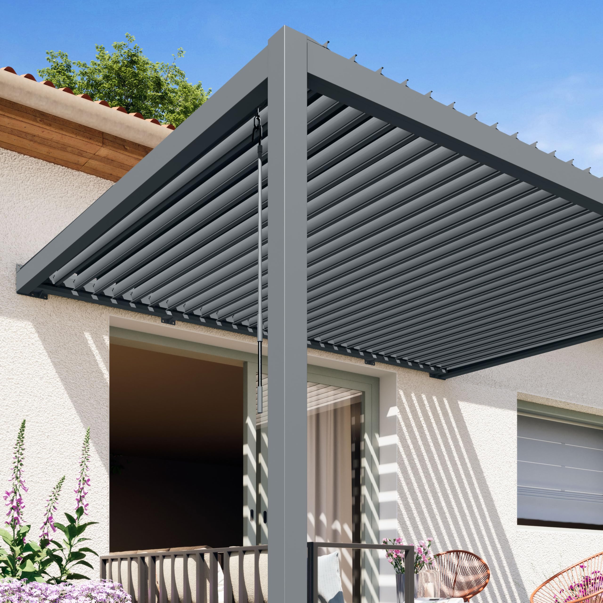 PRIMEYARD Pergola adossée 3x4 m poteaux en Aluminium avec Lames orientables en Acier pergola Murale Anthracite
