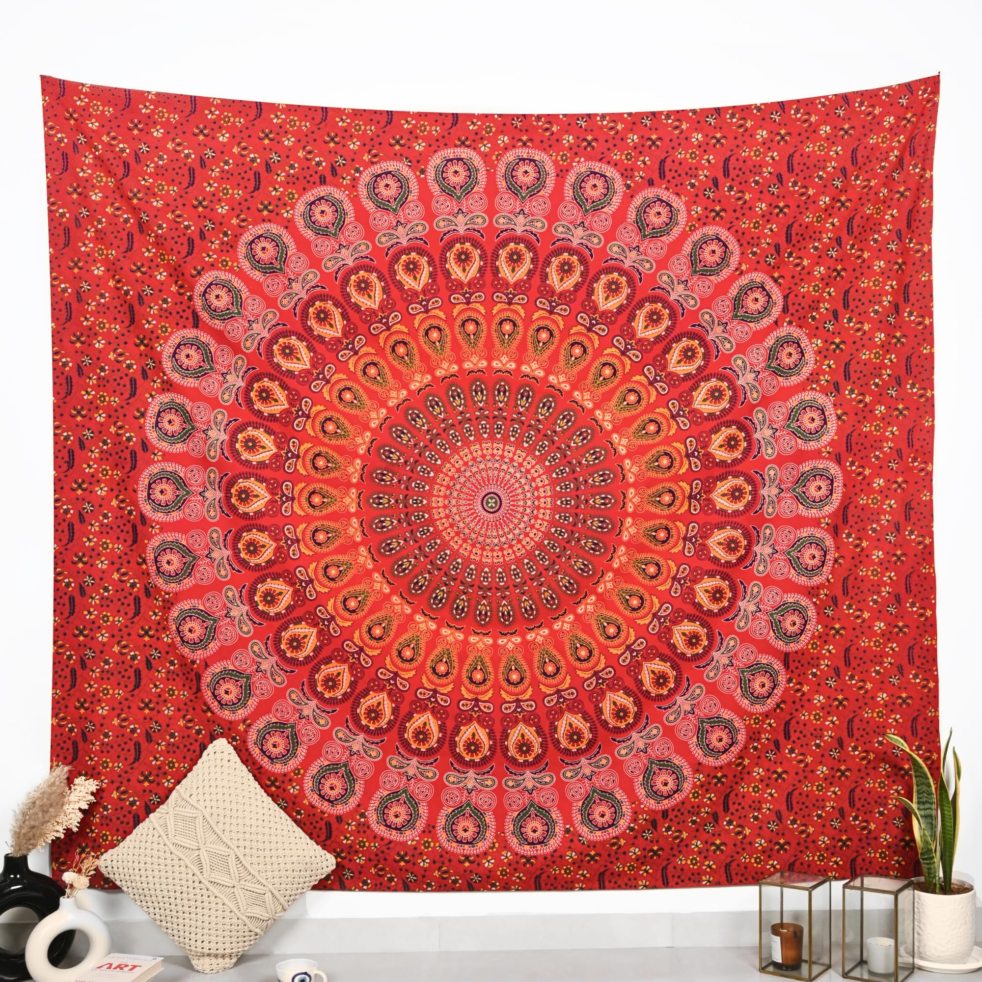 Rajrang Golden Red Cotton Mandala Wall Hanging Tapestry For Bedroom And Living Room Bohemian Peacock Design 213X230 Cm