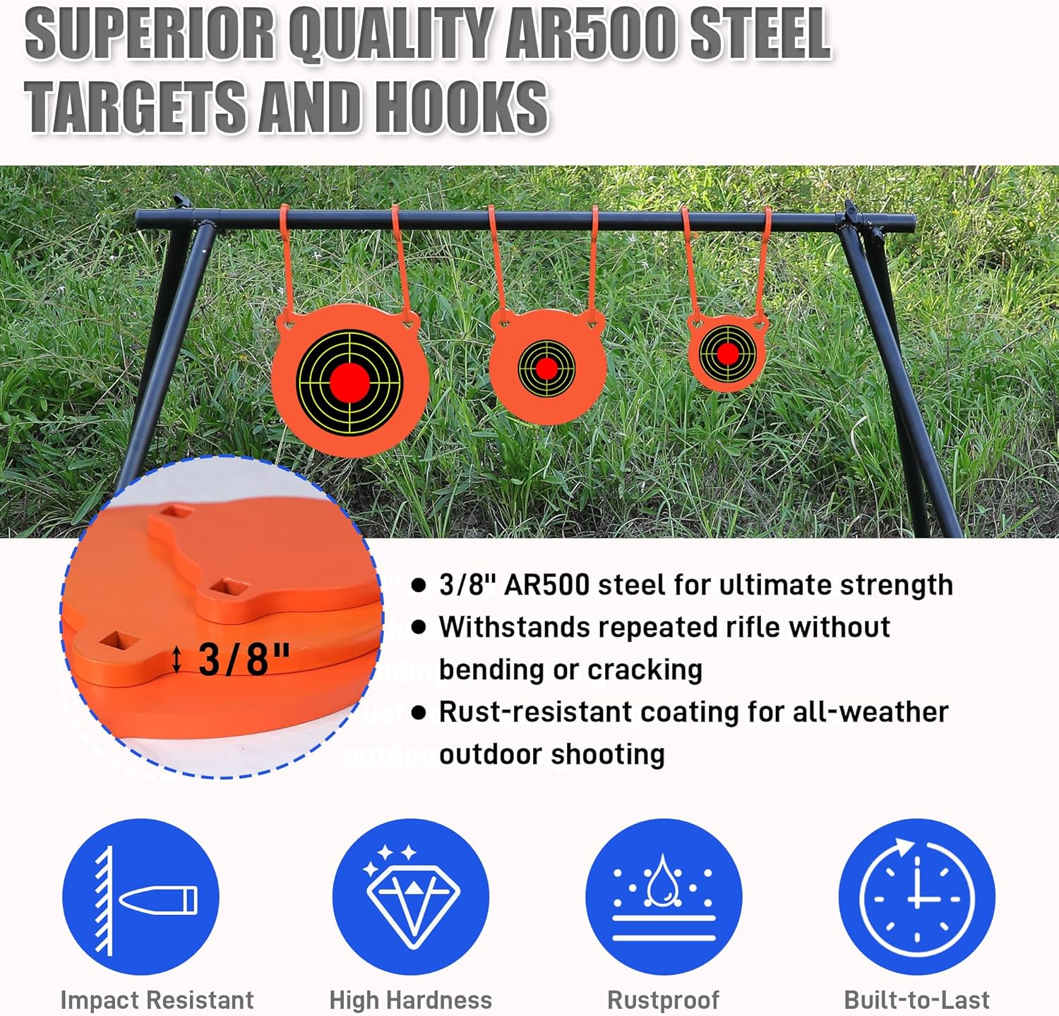 AR500 Steel Target Stand System Kit, 3/8" Thick Steel Shooting Targets with Metal Steel Stand, AR500 Hanging Hook and Paper Targets, Complete Target Shooting Stand Set for Pistol Range Outdoor