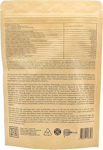 Organic Ceremonial Grade Cacao - 100% Raw Criollo Variety from Farmers and Ashaninka & Nomatsigenga Tribes in Peru, 1000g - 1kg