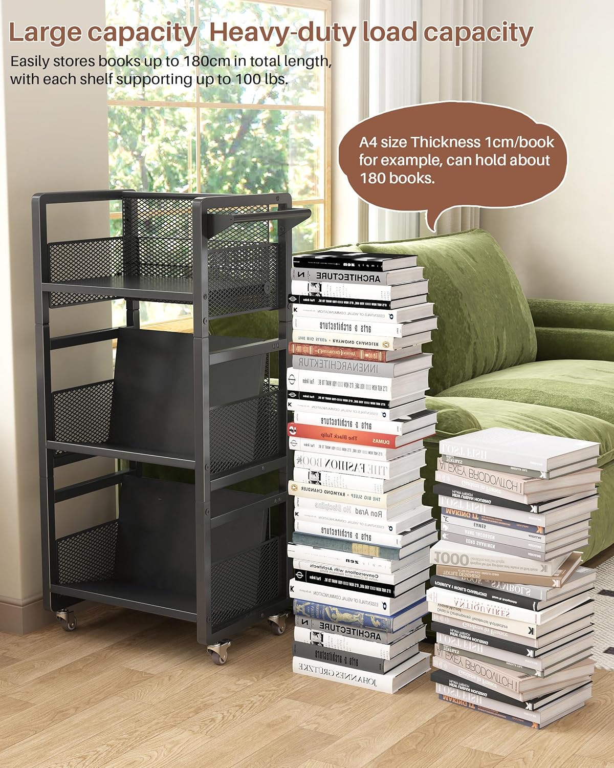 3-Tier Heavy-Duty Book Cart with Wheels, Dual-Sided Rolling Bookshelf with 3 Magnetic Bookends & 2 Lockable Wheels, Library Cart with Handle for Office, Living Room, Study-Black