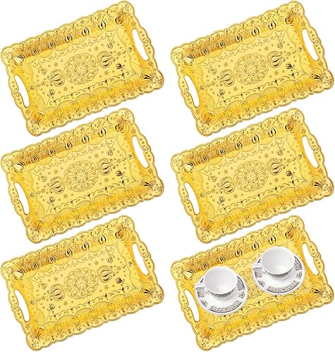 LemonRoad Paquete de 6 bandejas de plástico doradas con asas de 17 x 11 pulgadas, retro, vintage, en relieve, rectangulares, reutilizables, para