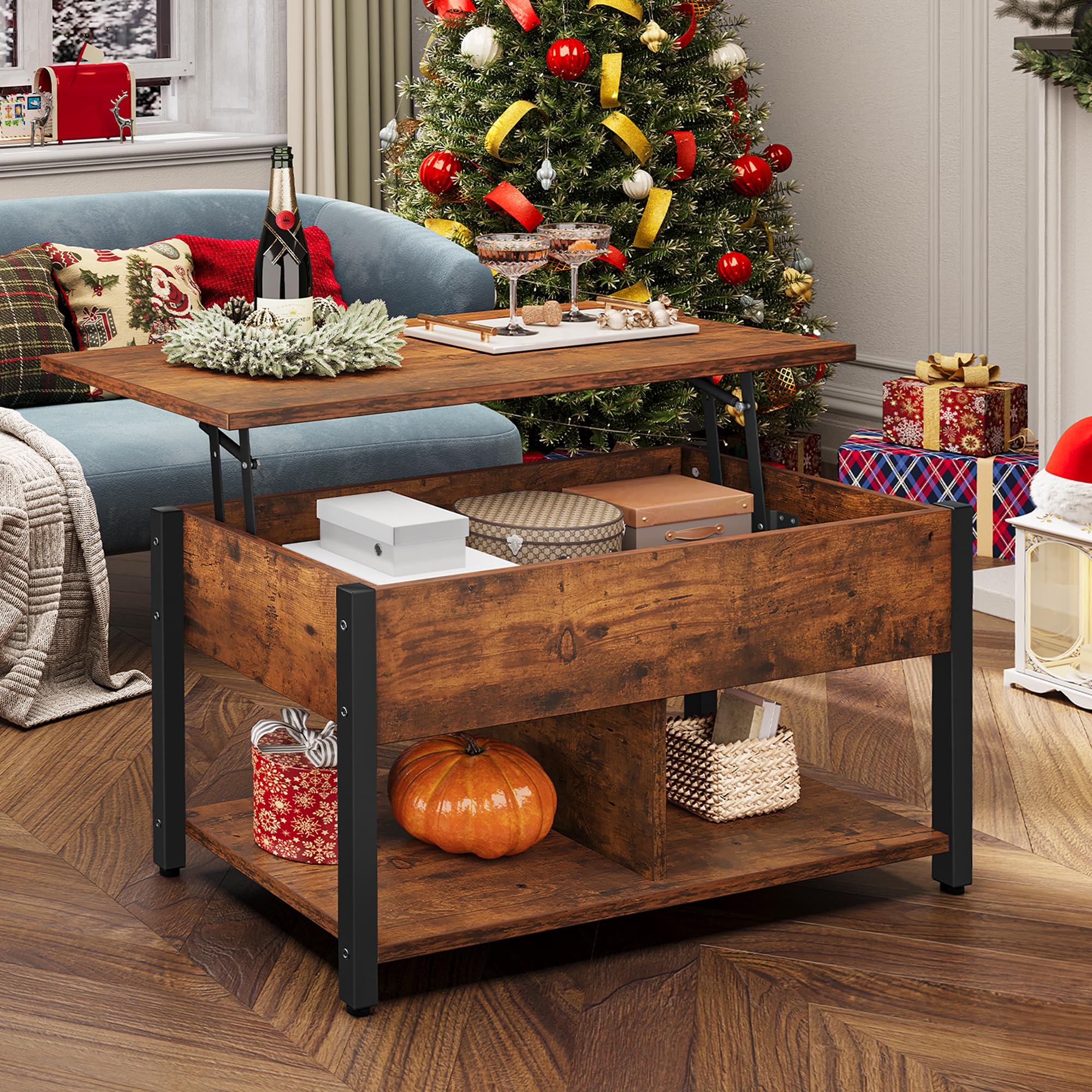Table Basse Relevable YITAHOME – Plateau Motorisé, Rangement 2 Niveaux, Compartiment Secret – Style Rustique Marron – Salon & Bureau