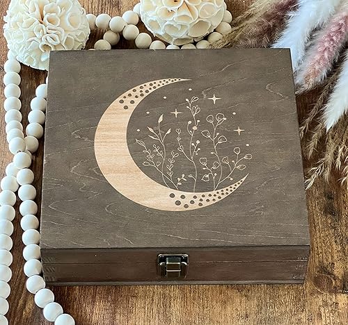 Moon Box Wooden Box Stash Box Crystal Gift Box Gift Set Tarot Card Box Mystery Astrology gifts ouija box Sun and moon Box 85 x 8 x 25 in Dark Walnut