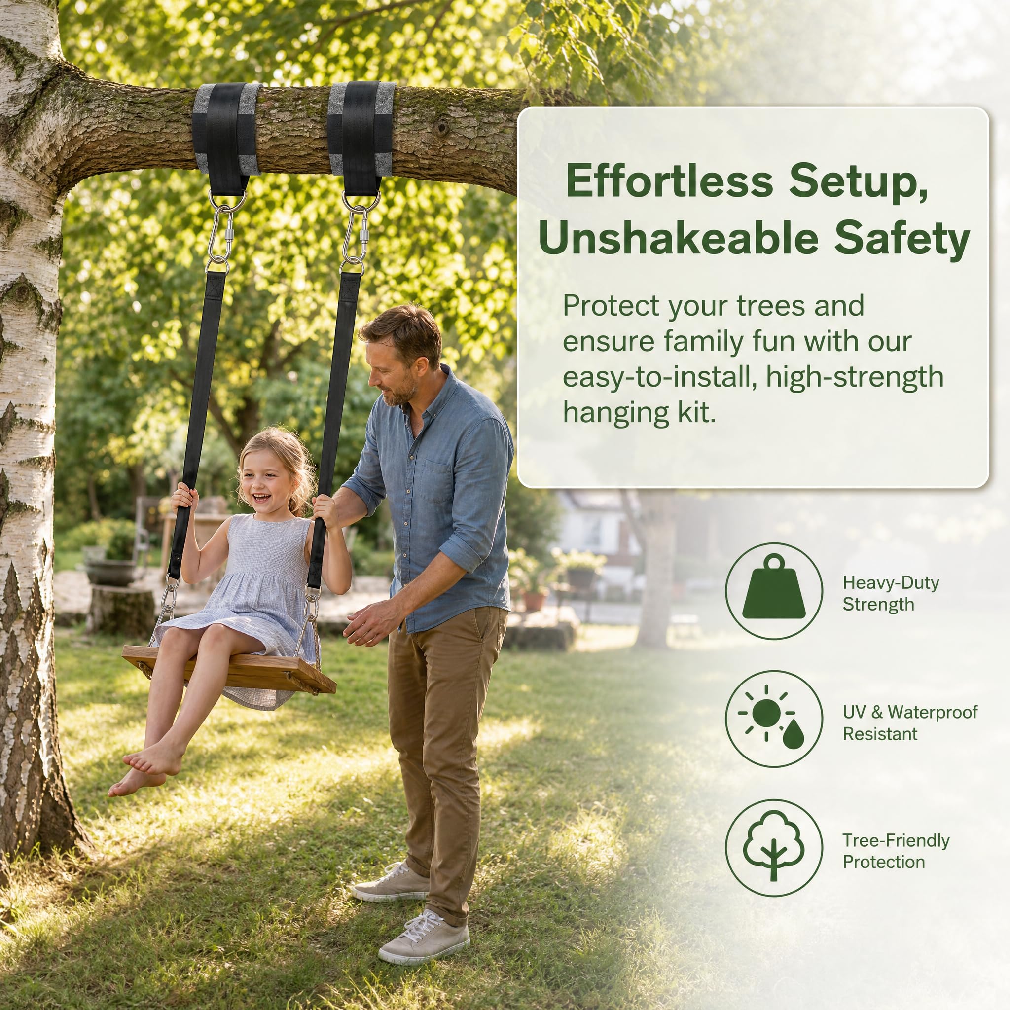 Kit di Montaggio per Altalene e Amache 900 kg Set Completo da 2 Pezzi con Cinghie da 150 cm, Anelli a D, Moschettoni, Protezioni per Alberi e Sacca di Trasporto Uso Universale per Giardino ed Esterni