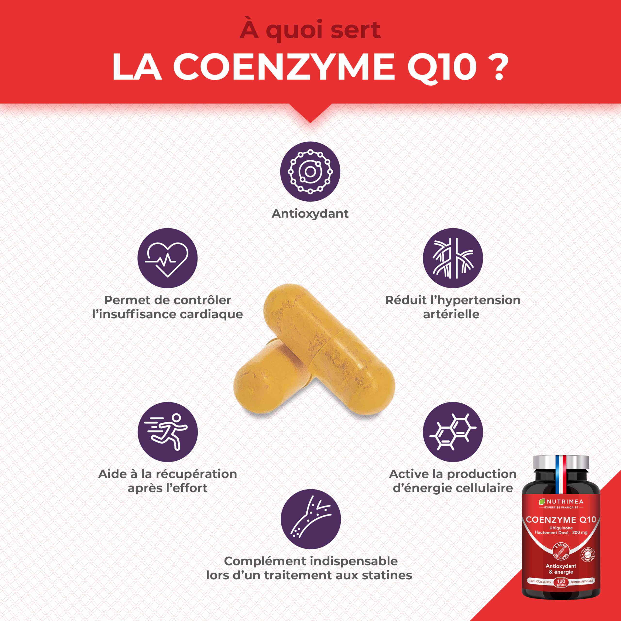 COENZYME Q10 - Précurseur de l'Ubiquinol - Puissant Antioxydant Naturel - Protecteur Anti-Age - Énergie Cellulaire - Absorption Maximale - 120 Gélules Vegan - Nutrimea - Fabriqué en France