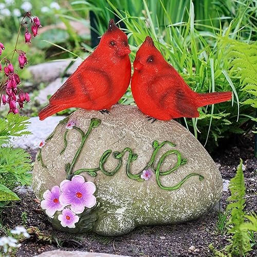 Exhart Escultura de jardín, estatua de jardín de cardenales rojos solares con roca de bienvenida, luces LED, decoración de césped y patio al aire