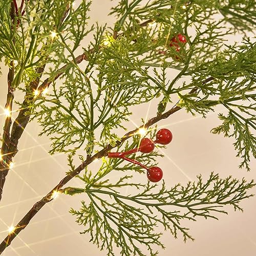 Miniatura 2 de Hairui Árbol de pino de Navidad preiluminado, 195 luces de hadas de 6 pies, árbol de ciprés sintético iluminado con bayas rojas para interiores y