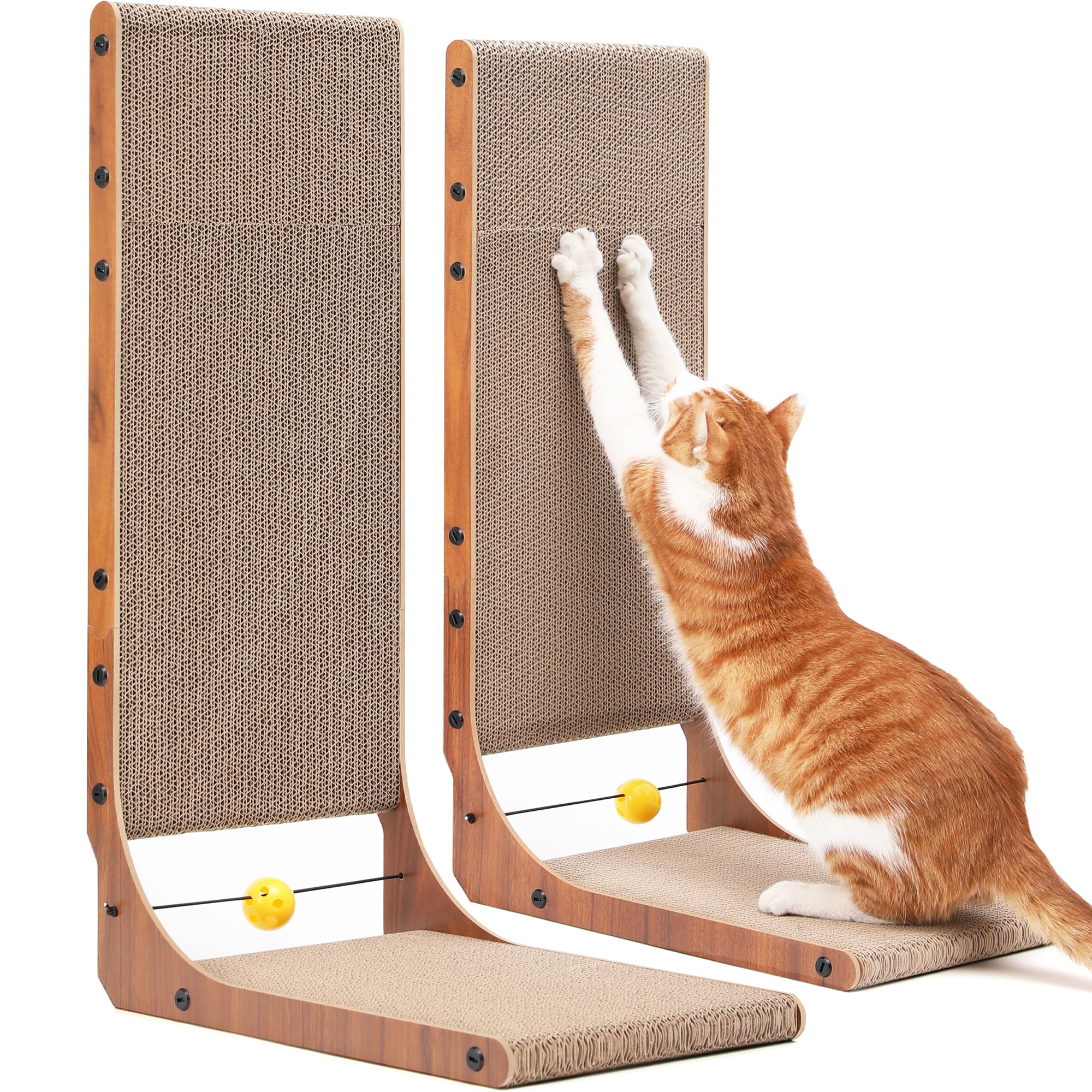 FUKUMARU Cat Scratcher, 26.8 Inch Cat Scratch Pad for Indoor Cats, L Shaped Cardboard Vertical Cats Scratching Board with Ball Toy, Walnut Color, 2 Packs