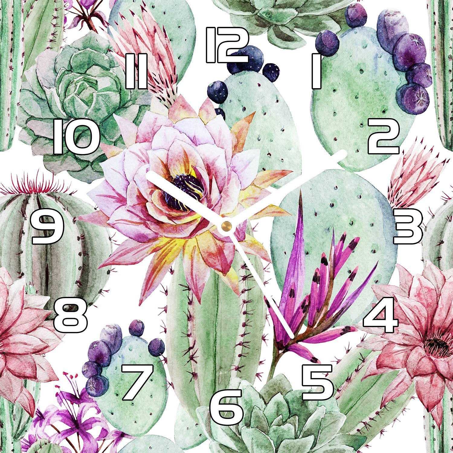 Horloge en verre sécurité 30x30 cm motif floral cactus avec aiguilles noires chic